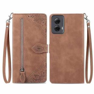 For Motorola Moto G Power 5G 2024 Embossed Flower Zipper Leather Phone Case(Brown)