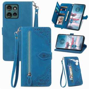 For Motorola Edge 2024 Embossed Flower Zipper Leather Phone Case(Blue)