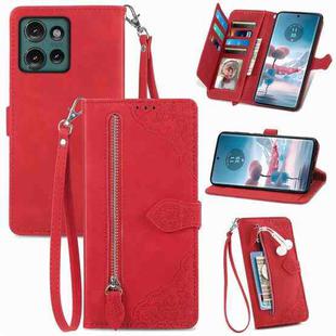 For Motorola Edge 2024 Embossed Flower Zipper Leather Phone Case(Red)