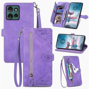 For Motorola Edge 2024 Embossed Flower Zipper Leather Phone Case(Purple)