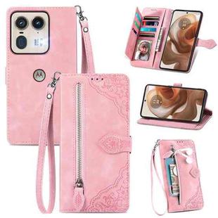 For Motorola Edge 50 Ultra Embossed Flower Zipper Leather Phone Case(Pink)