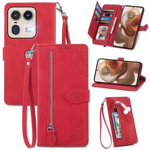 For Motorola Edge 50 Ultra Embossed Flower Zipper Leather Phone Case(Red)