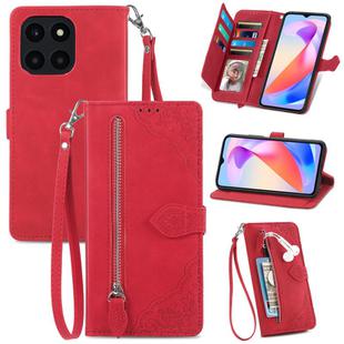 For Honor X6a Embossed Flower Zipper Leather Phone Case(Red)