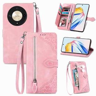 For Honor X9b Embossed Flower Zipper Leather Phone Case(Pink)