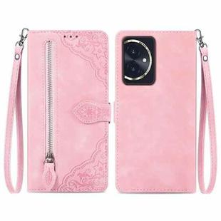 For Honor 100 Embossed Flower Zipper Leather Phone Case(Pink)