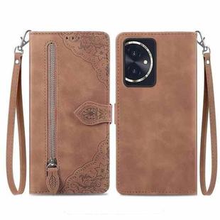 For Honor 100 Embossed Flower Zipper Leather Phone Case(Brown)