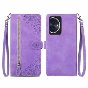 For Honor 100 Embossed Flower Zipper Leather Phone Case(Purple)