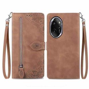 For Honor 100 Pro Embossed Flower Zipper Leather Phone Case(Brown)