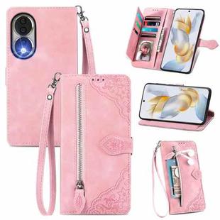 For Honor 90 Embossed Flower Zipper Leather Phone Case(Pink)