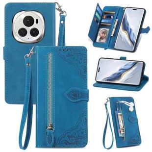 For Honor Magic6 Pro Embossed Flower Zipper Leather Phone Case(Blue)