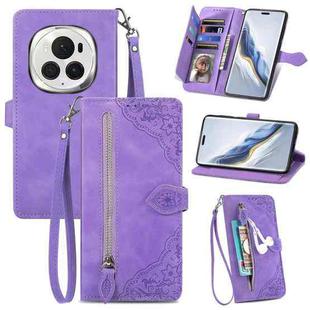 For Honor Magic6 Pro Embossed Flower Zipper Leather Phone Case(Purple)