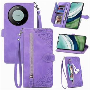 For Huawei Mate 60 Embossed Flower Zipper Leather Phone Case(Purple)