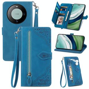 For Huawei  Mate 60 Pro Embossed Flower Zipper Leather Phone Case(Blue)