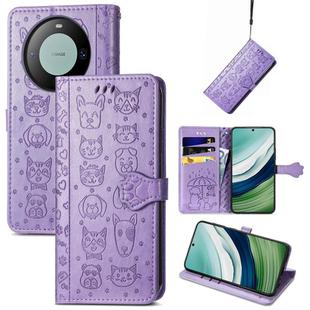 For Huawei Mate 60 Cat and Dog Embossed Leather Phone Case(Purple)