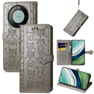For Huawei Mate 60 Pro Cat and Dog Embossed Leather Phone Case(Grey)