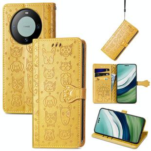 For Huawei Mate 60 Pro Cat and Dog Embossed Leather Phone Case(Yellow)