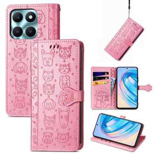 For Honor X6A Cat and Dog Embossed Leather Phone Case(Pink)