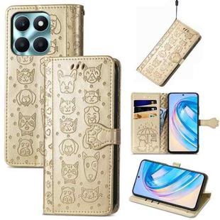 For Honor X6A Cat and Dog Embossed Leather Phone Case(Gold)