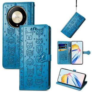 For Honor X9b Cat and Dog Embossed Leather Phone Case(Blue)