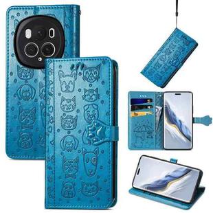 For Honor Magic6 Pro Cat and Dog Embossed Leather Phone Case(Blue)