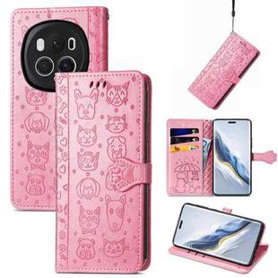 For Honor Magic6 Pro Cat and Dog Embossed Leather Phone Case(Pink)