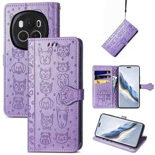 For Honor Magic6 Pro Cat and Dog Embossed Leather Phone Case(Purple)