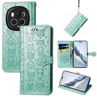 For Honor Magic6 Pro Cat and Dog Embossed Leather Phone Case(Green)