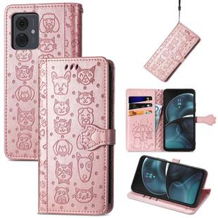 For Motorola Moto G14 Cat and Dog Embossed Leather Phone Case(Rose Gold)