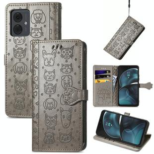 For Motorola Moto G14 Cat and Dog Embossed Leather Phone Case(Grey)