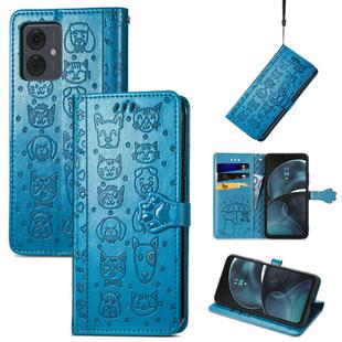 For Motorola Moto G14 Cat and Dog Embossed Leather Phone Case(Blue)