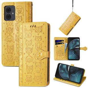 For Motorola Moto G14 Cat and Dog Embossed Leather Phone Case(Yellow)