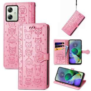 For Motorola Moto G54 5G Cat and Dog Embossed Leather Phone Case(Pink)