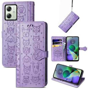 For Motorola Moto G54 5G Cat and Dog Embossed Leather Phone Case(Purple)