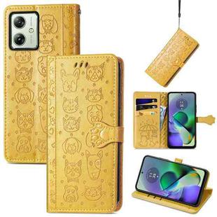 For Motorola Moto G54 5G Cat and Dog Embossed Leather Phone Case(Yellow)