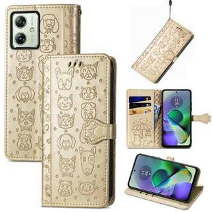 For Motorola Moto G54 5G Cat and Dog Embossed Leather Phone Case(Gold)