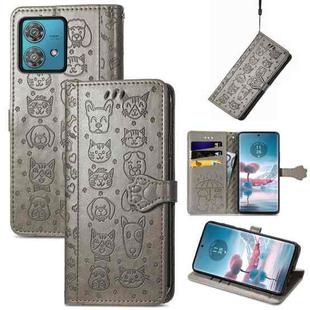 For Motorola Edge 40 Neo Cat and Dog Embossed Leather Phone Case(Grey)