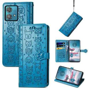 For Motorola Edge 40 Neo Cat and Dog Embossed Leather Phone Case(Blue)