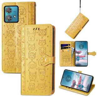 For Motorola Edge 40 Neo Cat and Dog Embossed Leather Phone Case(Yellow)