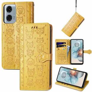 For Motorola Moto G24 Power Cat and Dog Embossed Leather Phone Case(Yellow)