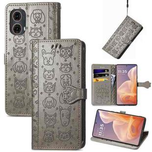 For Motorola Moto G85 Cat and Dog Embossed Leather Phone Case(Grey)