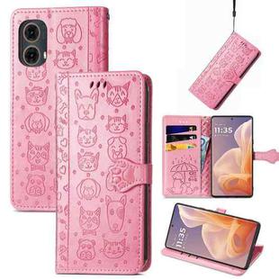 For Motorola Moto G85 Cat and Dog Embossed Leather Phone Case(Pink)