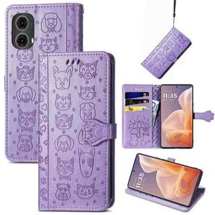 For Motorola Moto G85 Cat and Dog Embossed Leather Phone Case(Purple)