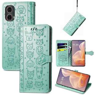 For Motorola Moto G85 Cat and Dog Embossed Leather Phone Case(Green)