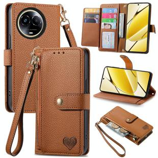 For Realme 5G Global Love Zipper Lanyard Leather Phone Case(Brown)
