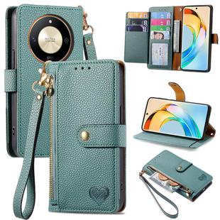 For Honor X50 Love Zipper Lanyard Leather Phone Case(Green)