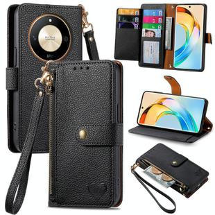 For Honor X50 Love Zipper Lanyard Leather Phone Case(Black)