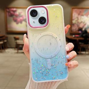For iPhone 15 Multicolor Gradient Glitter Sequin MagSafe TPU Phone Case(Yellow+Blue)