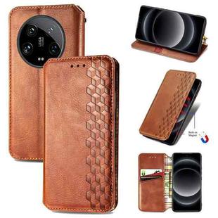 For Xiaomi 14 Ultra Cubic Grid Pressed Magnetic Leather Phone Case(Brown)