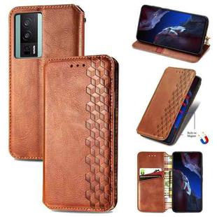 For Xiaomi Poco F5 Pro Cubic Grid Pressed Magnetic Leather Phone Case(Brown)