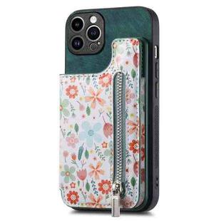 For iPhone 13 Pro Max Retro Painted Zipper Wallet Back Phone Case(Green)
